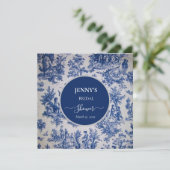 Franse Toile de Jouy Blauwe en Witte Bruiloft Save The Date (Staand voorkant)