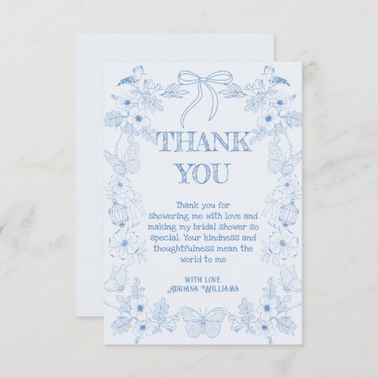 Franse Toile De Jouy Blauwe Flora Bruiloftsfeest Bedankkaart (Voorkant / Achterkant)