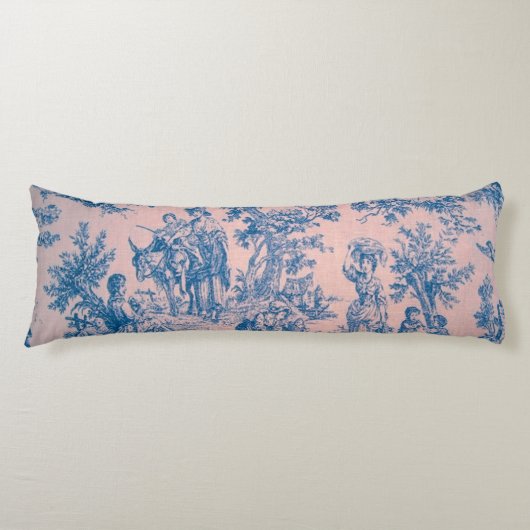 Franse toile de jouy roze en blauw elegant lichaamskussen (Voorkant)