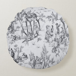Franse toile de jouy zwart-wit elegante kunst rond kussen