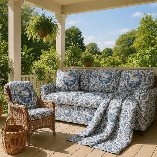 Franse Toile Landschap Eiland Blauw Wit Vintage Stof