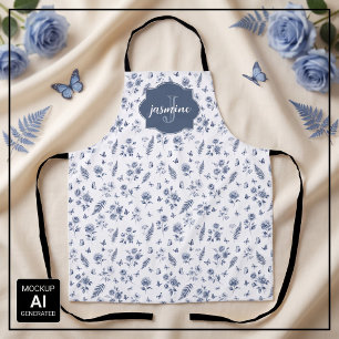 Franse Toile Monogram Naam Waterverf Blauw Patroon Schort