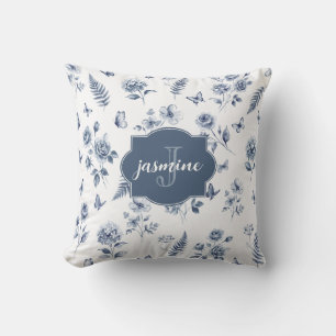 Franse Toile Monogramnaam Waterverf Blauw Patroon Kussen