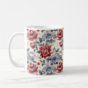 Franse toile & Toile de Jouy blauwe en rode rozen. Koffiemok