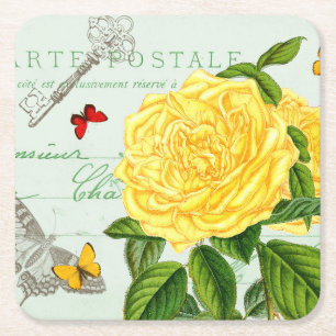 Franse vintage bloemenservietring met mooie roos vierkante kartonnen onderzetter