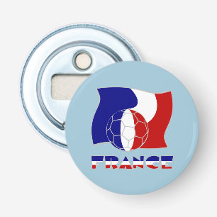 Franse Vlag met Voetbal Blauwe Achtergrond Button Flesopener