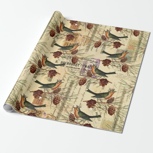 Franse vogelgriep - Spaans grijs script stempels Cadeaupapier (Uitgerold)