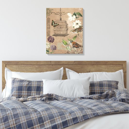  Franse vogeltjes en tuin uitgerekt canvas (Insitu (Slaapkamer))