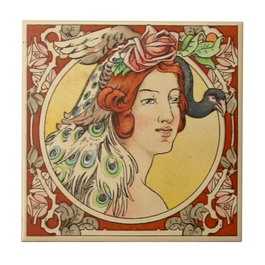 Franse Vrouw Art Nouveau Ceramic Tegeltje (Voorkant)