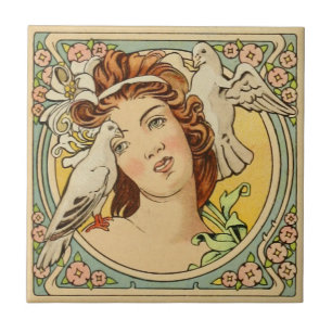 Franse Vrouw Art Nouveau Ceramic Tegeltje