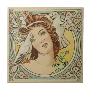  Franse Vrouw Art Nouveau Ceramic Tegeltje