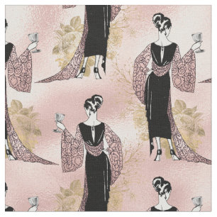 Franse  vrouw met wijn op Blush Pink Stof