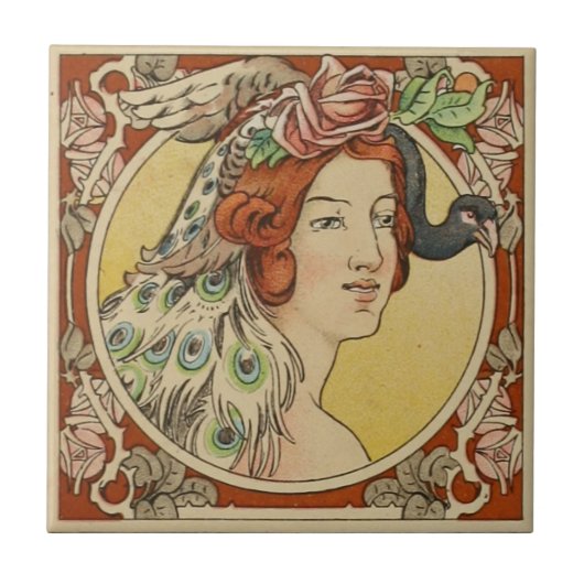  Franse vrouw Red Art Nouveau Tegeltje (Voorkant)