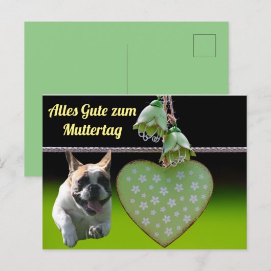 Französische Bulldogge Grünes Herz French Bulldog Briefkaart (Voorkant / Achterkant)