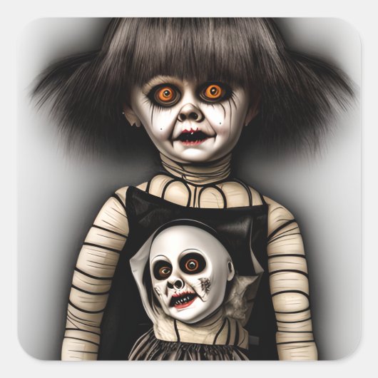 Freaky Enge Spooky Oude Doll Halloween Vierkante Sticker (Voorkant)