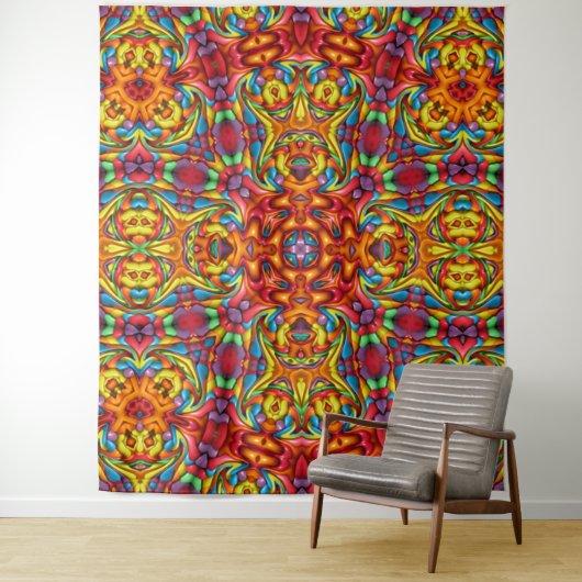 Freaky Tiki Red Fractal Kaleidoscope Wandkleed (In situ)