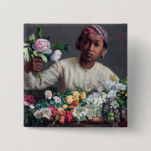 Frederic Bazille - Jonge vrouw met pioenrozen Vierkante Button 5,1 Cm