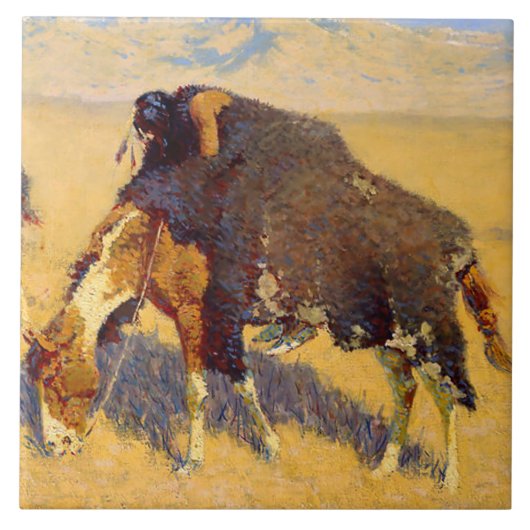 Frederic Remington Art Indians Simulerend Buffalo Tegeltje (Voorkant)