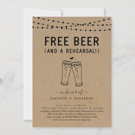 Free Beer Funny Wedding Rehearsal Dinner Kaart (Voorkant)