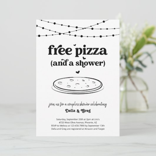 Free Pizza Funny Couple's Shower Invitation (Debout devant)