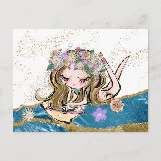 *~* Free Spirit Flower Child Reading Gold Blue Briefkaart (Voorkant)