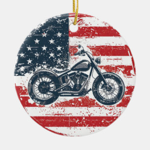 Freedom Ride: Retro Motorfiets en Amerikaanse Vlag Keramisch Ornament