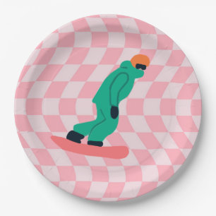 Freeride Snowboarder Green Suit Gecontroleerd Roze Papieren Bordje