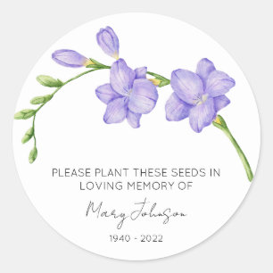 Freesia-herdenkingszaadpakket voor begrafenis ronde sticker
