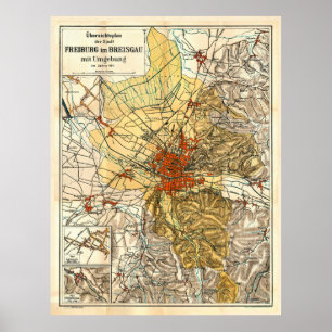 Freiburg im Breisgau Duitsland Map (1911) Poster