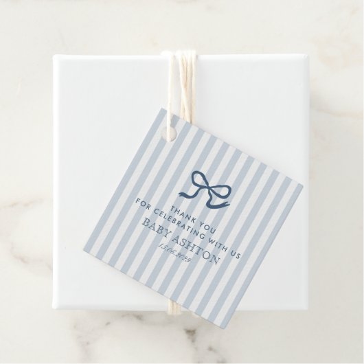 French Blue Bow & Stripes Baby shower Bedankjes Labels (In situ)