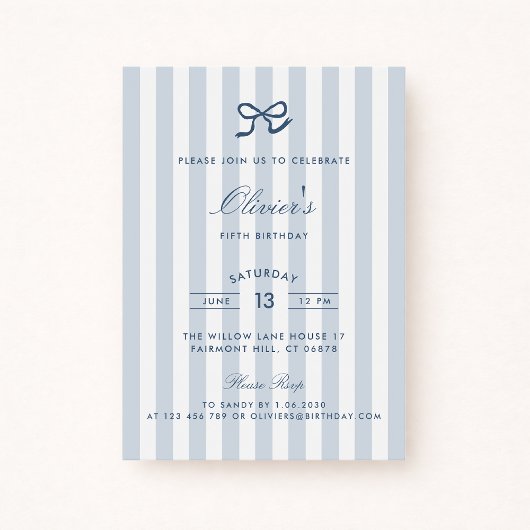 French Blue Bow & Stripes Boy Invitation d'anniver