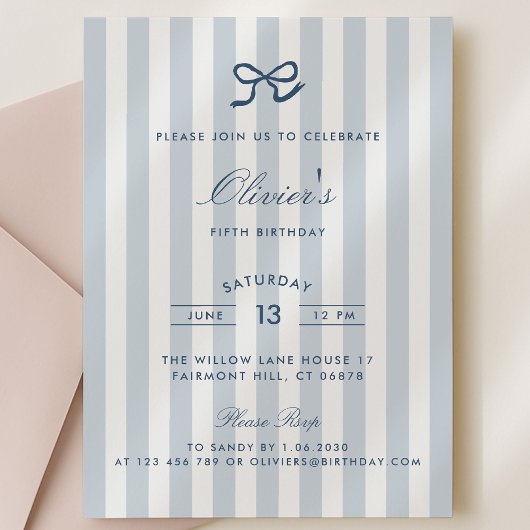 French Blue Bow & Stripes Boy Invitation d'anniver