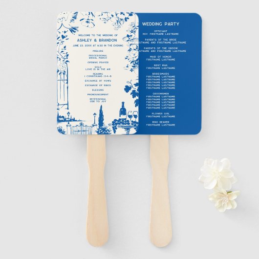French Blue European Garden Wedding Program Handwaaier (Voorkant en achterkant)