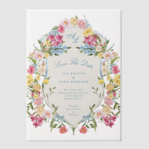 French Blue Floral  Crest Bewaar de datum Vellum Uitnodigingen