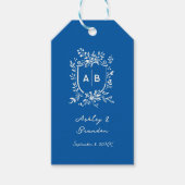 French Blue Monogram Crest Old World Wedding Cadeaulabel (Voorkant)