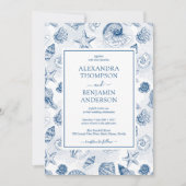 French Blue  Seashell Toile Classic Wedding Kaart (Voorkant)