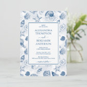 French Blue  Seashell Toile Classic Wedding Kaart (Staand voorkant)
