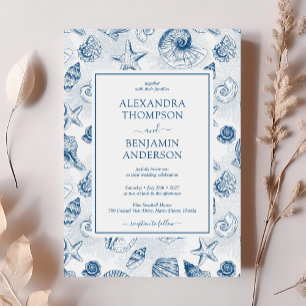 French Blue Seashell Toile Classic Wedding Kaart