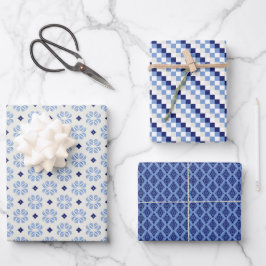 French Blue Trio 3 Geometrische set van wikkelpapi Inpakpapier Vel