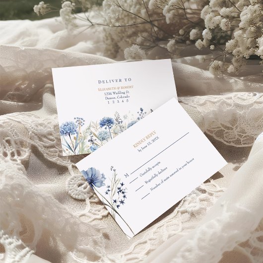 French Blue Wildflower Meadow Wedding RSVP Kaart
