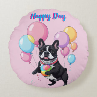 French Bulldog Happy Day Französische Bulldogge Rond Kussen