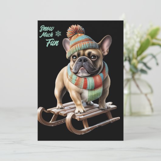 French Bulldog lustige Schlittenfahrt im Urlaub (Staand voorkant)