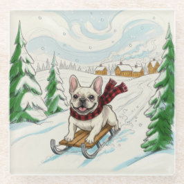 French Bulldog Sledding, Glass Coaster Glazen Onderzetter
