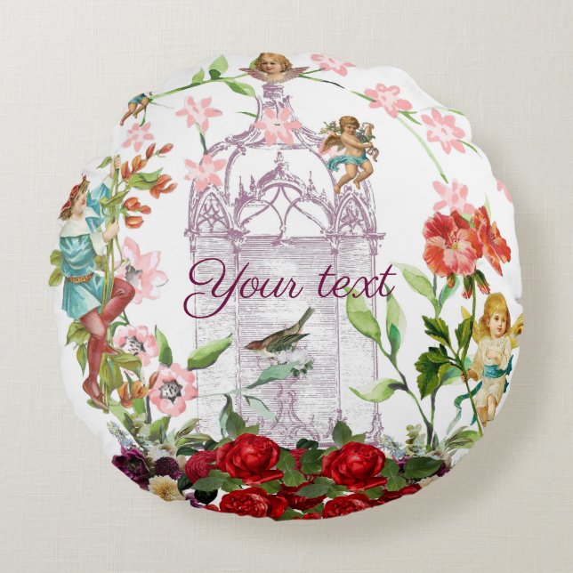 French chic, country rustic, floral pattern, roses rond kussen (Voorkant)