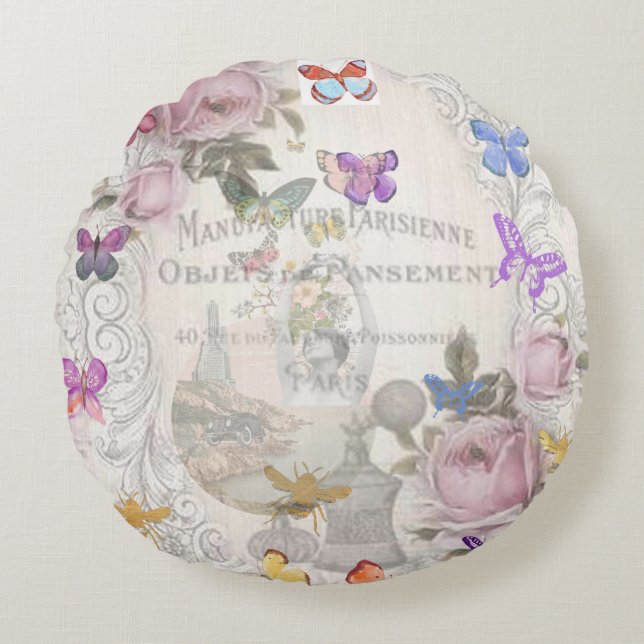 French chic, country rustic, floral pattern, roses rond kussen (Voorkant)