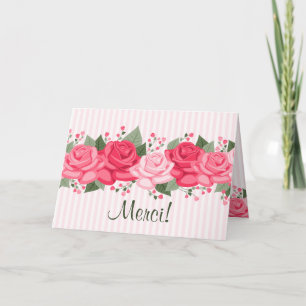 French Chic Pink Roses and Stripes Note Card Bedankkaart