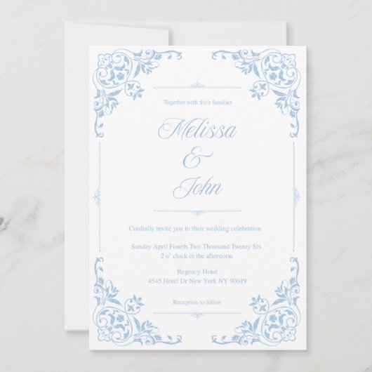 French Country Blue Filigree Wedding invitation (Devant)