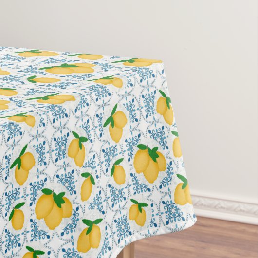 French Country Lemon Blue Floral Tile Pattern Tafelkleed (Voorbeeld)