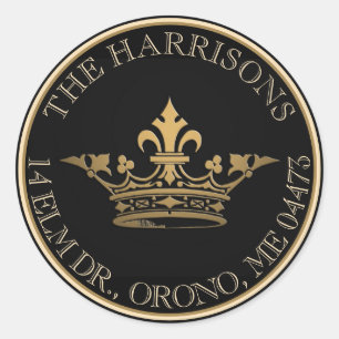 French Crown Metallic Goud Zwart Retouradres Ronde Sticker
