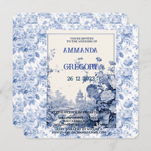 French Floral Toile Blue Invitation (Devant / Derrière)